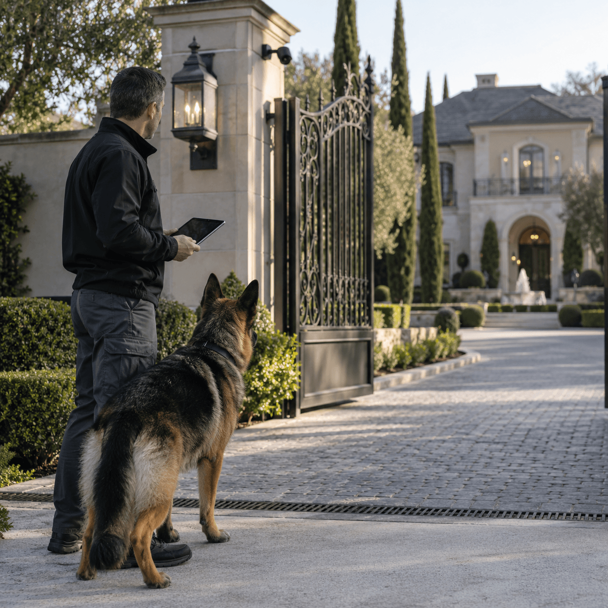 A security assessor and German Shepherd review a gated private estate.
