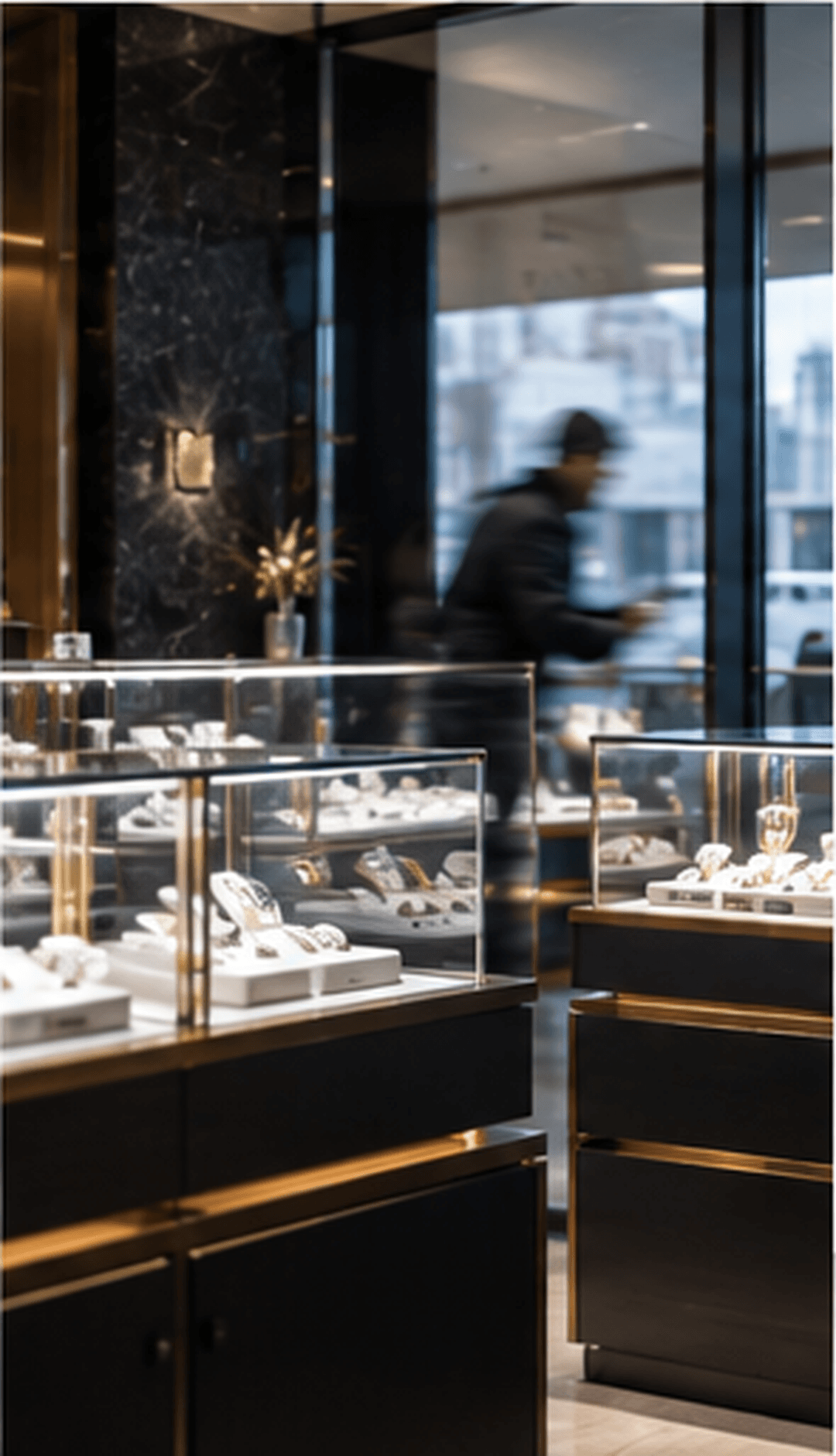 Jewelry cases sit in the foreground as a figure passes the storefront glass.