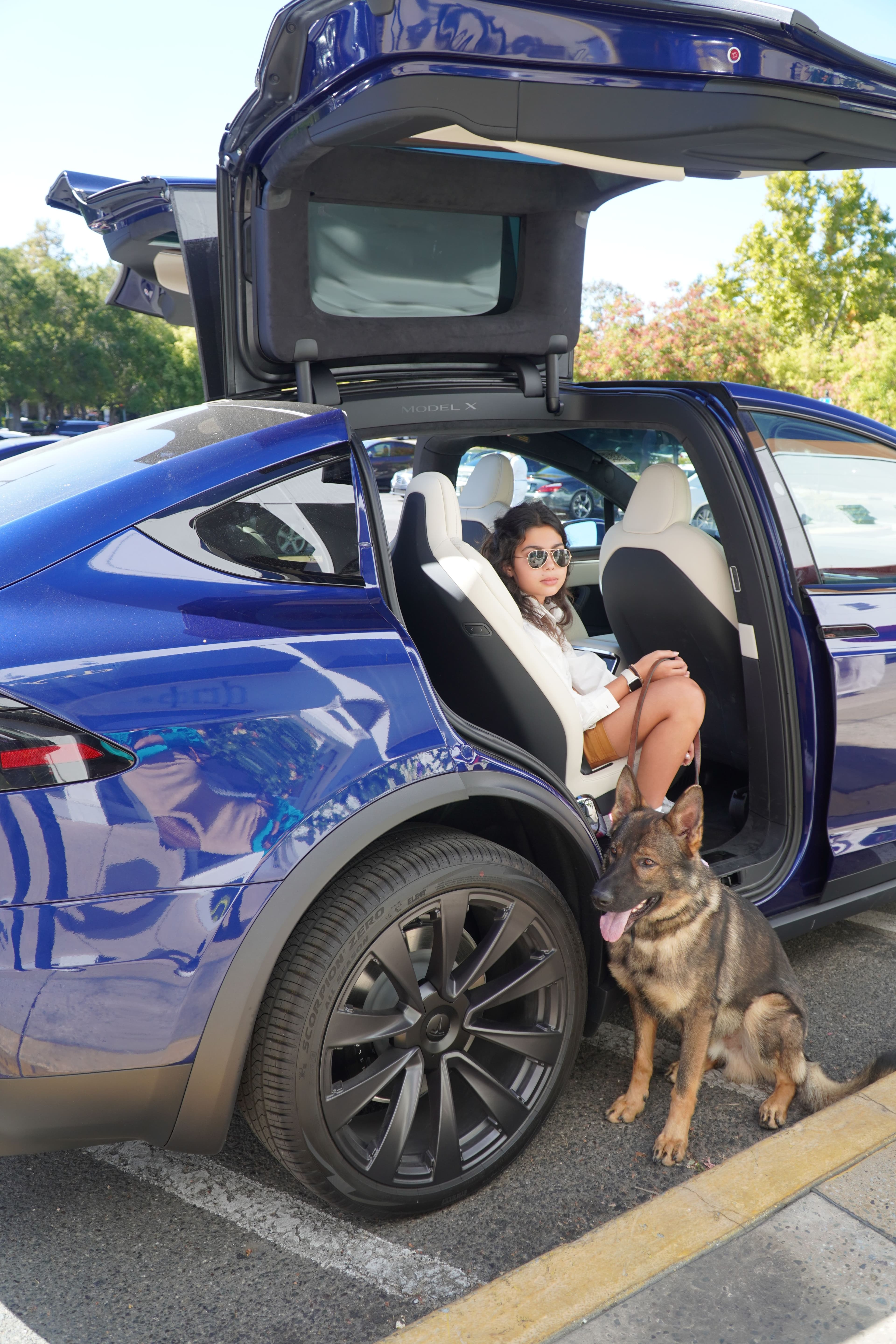 A woman and German Shepherd protection dog beside an open blue SUV.