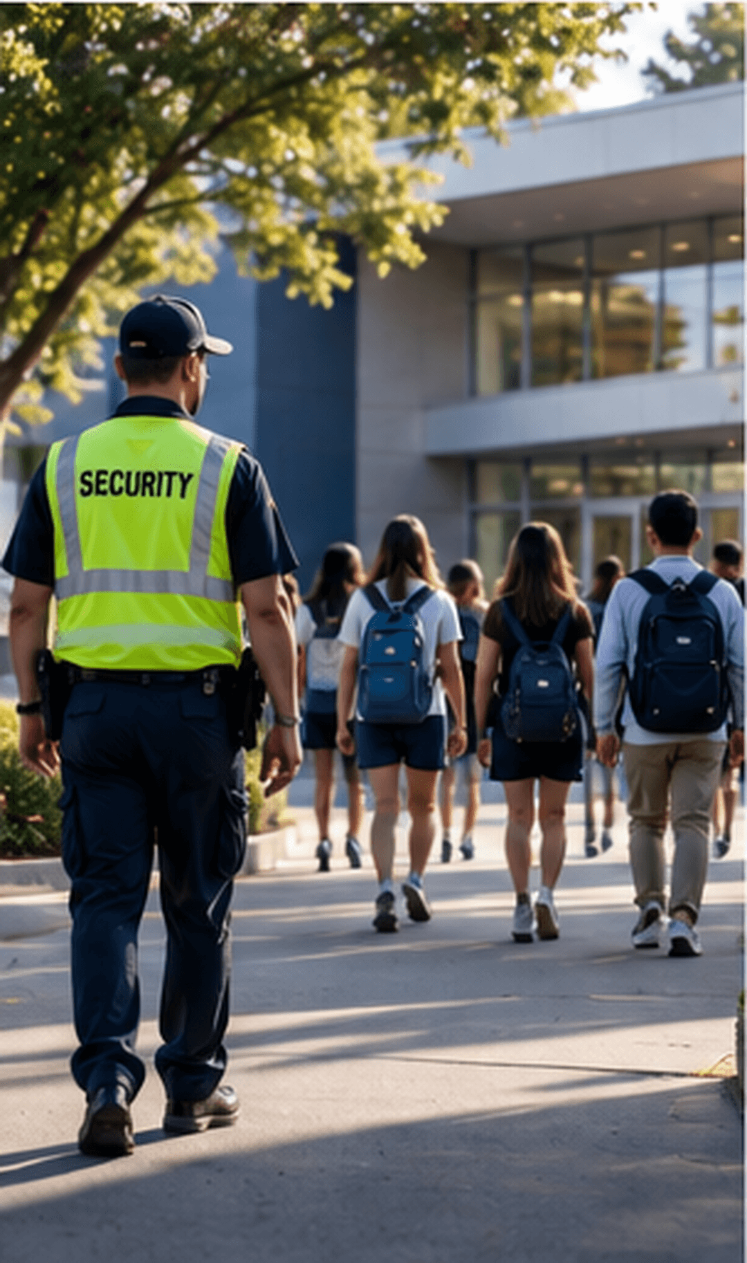 A security officer follows students toward a school building.