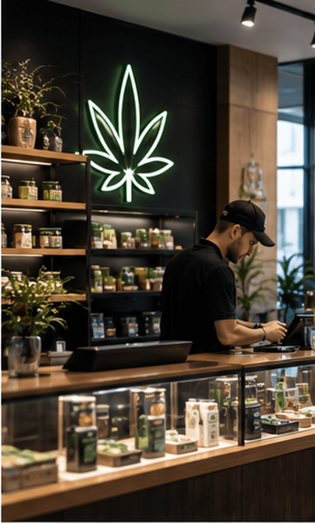 A dispensary associate works the counter in a cash-intensive retail space.