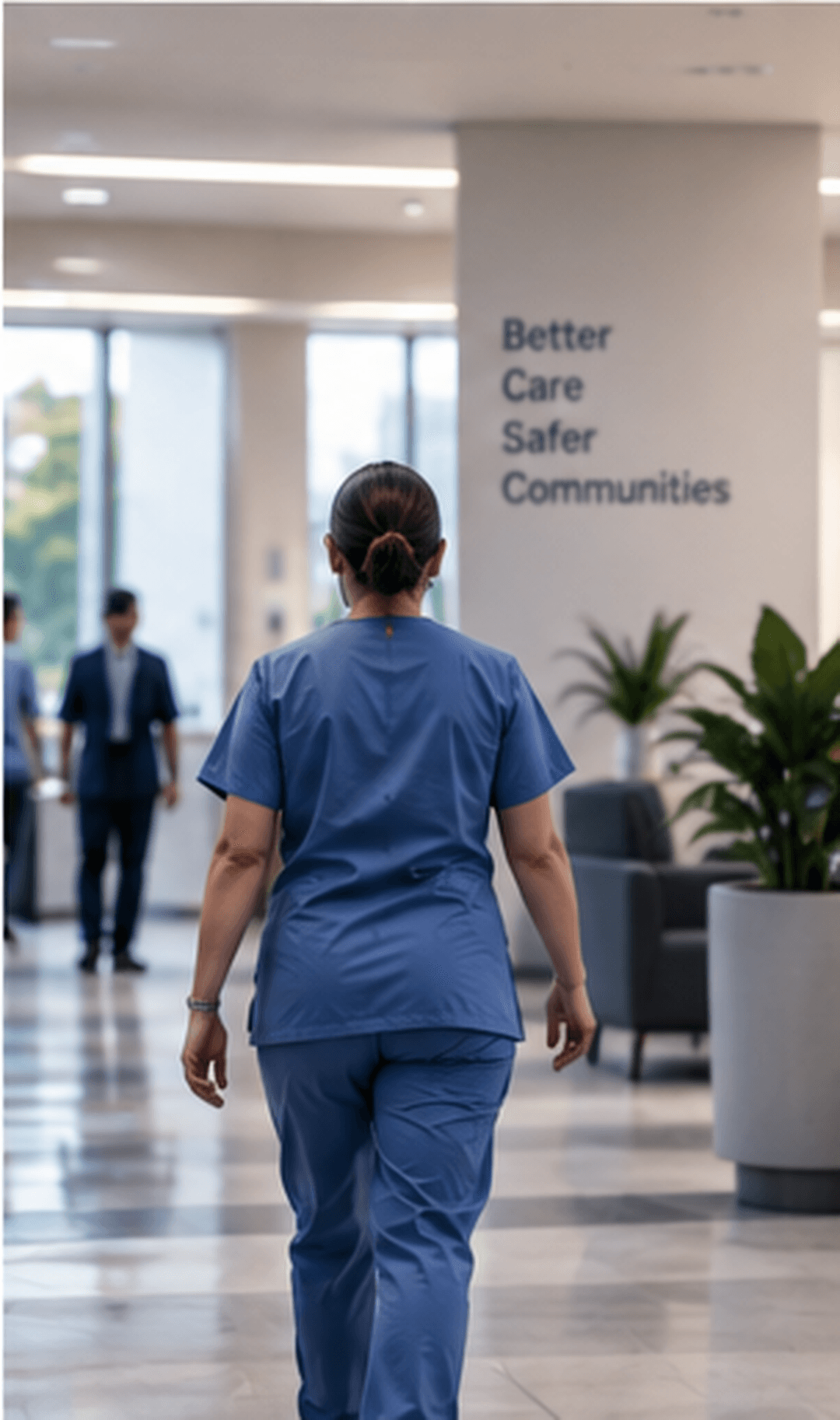 A nurse walks through a hospital lobby.