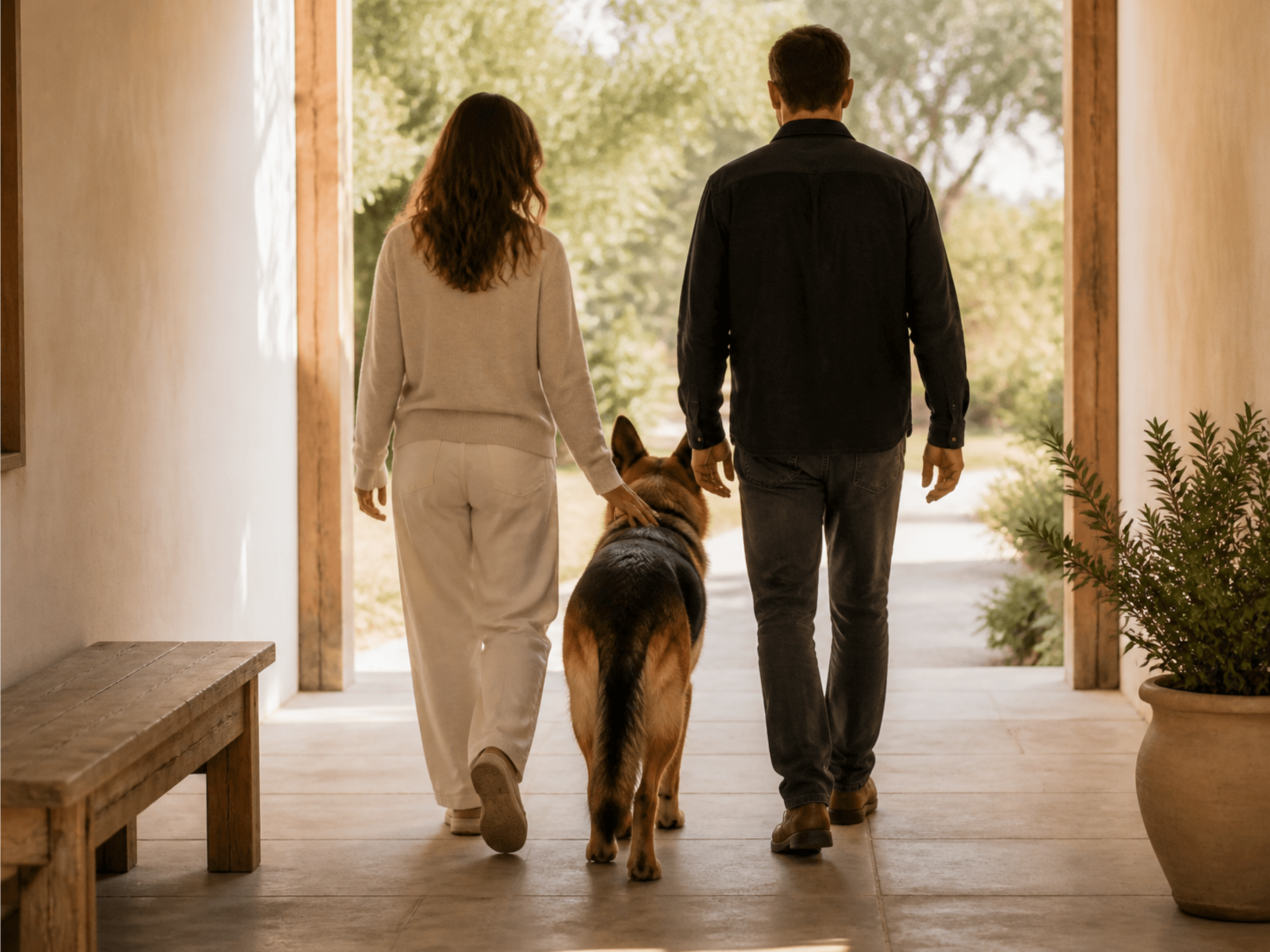 Two anonymous adults walk toward daylight with a German Shepherd between them.
