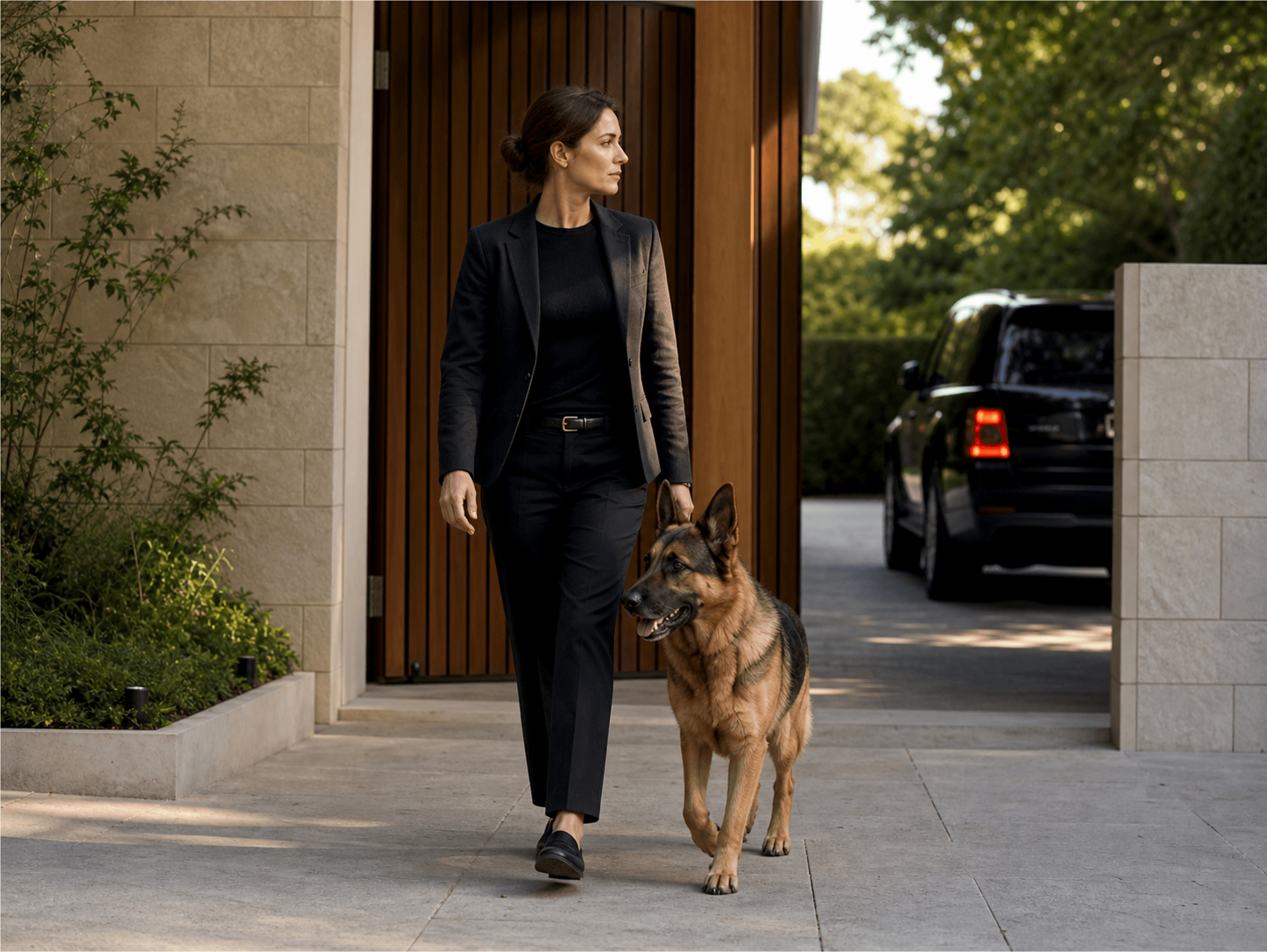A handler walks with a German Shepherd outside a discreet contemporary residence.