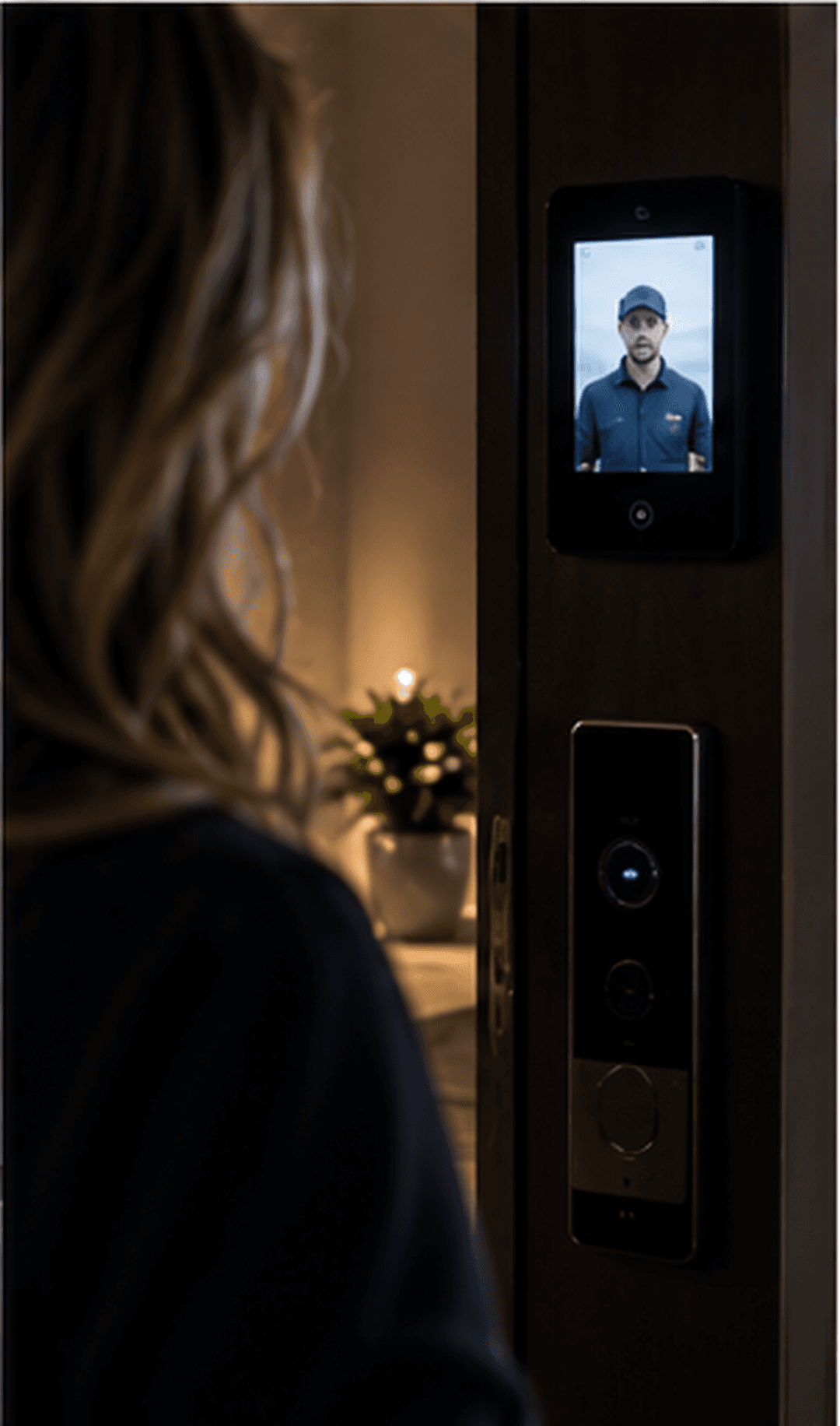 A person checks a video doorbell before deciding whether to open the door.