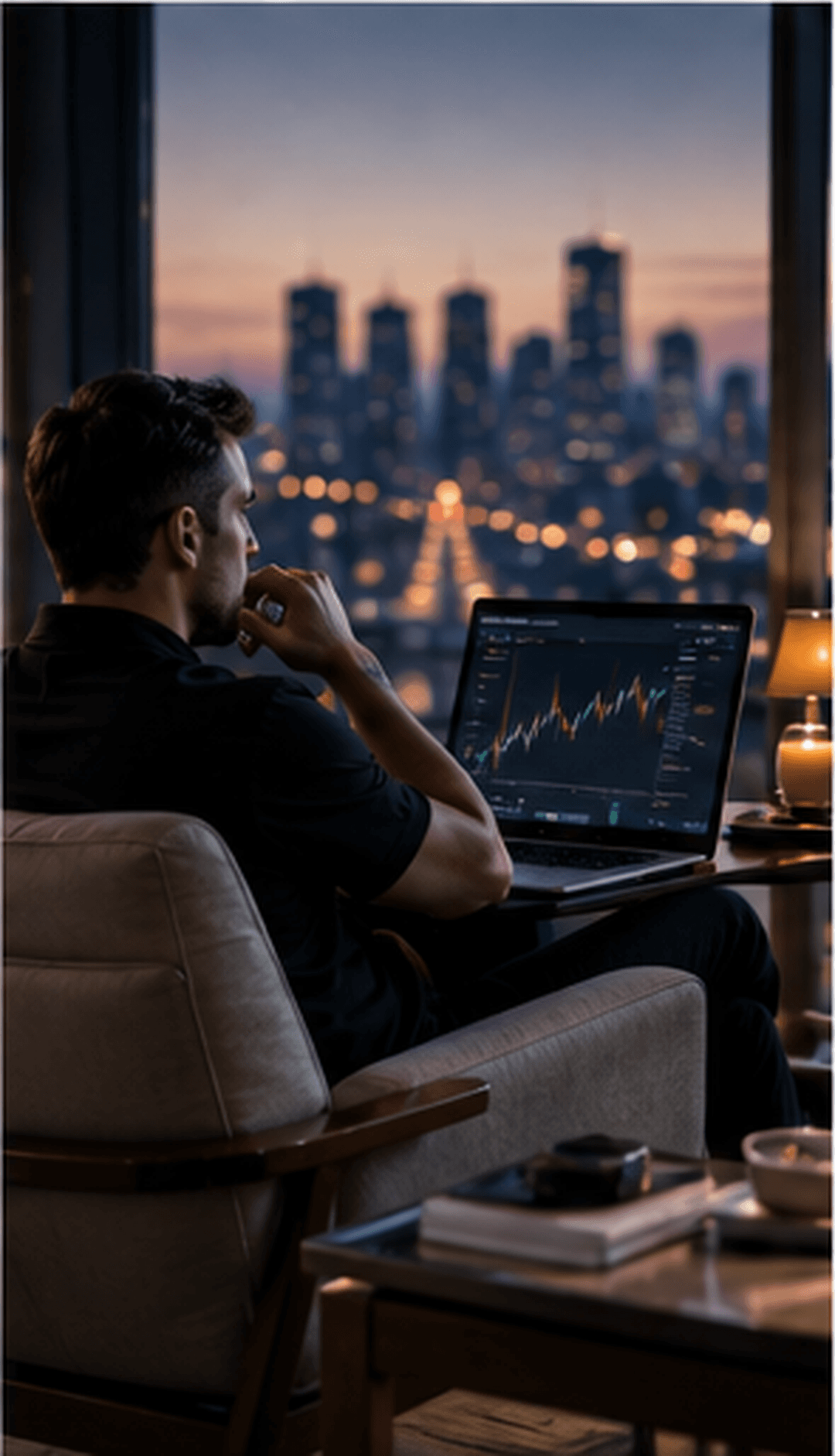 A person reviews market data on a laptop against a city skyline at night.