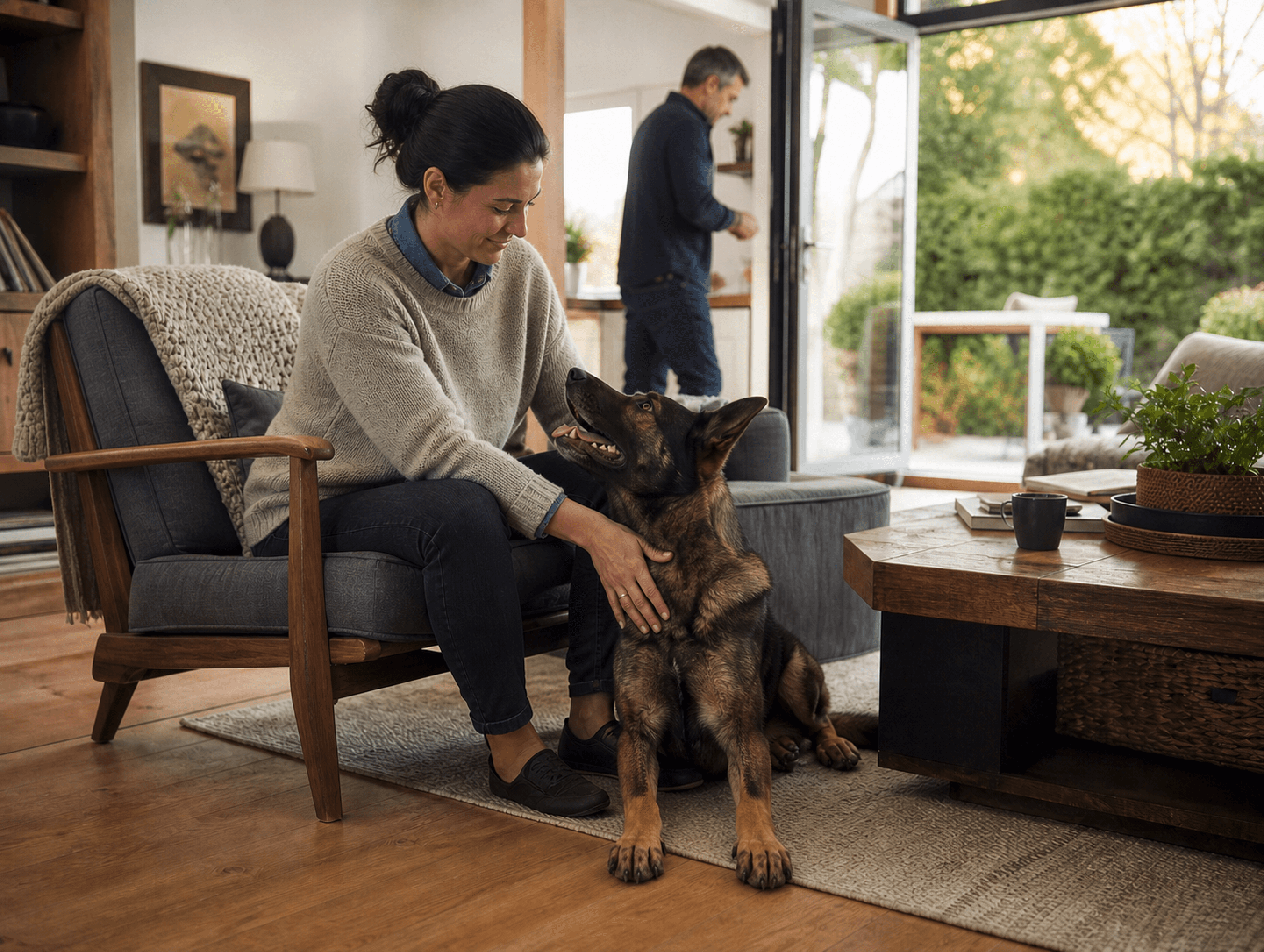 A woman and German Shepherd look at one another during a relaxed moment at home.