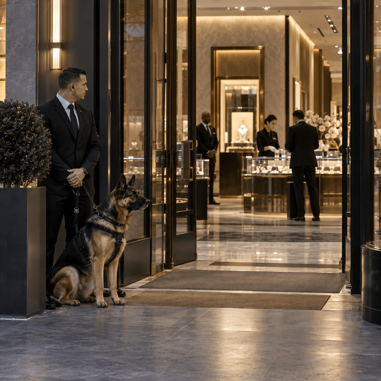 A handler and German Shepherd stand watch at the entrance of a luxury jewelry boutique.
