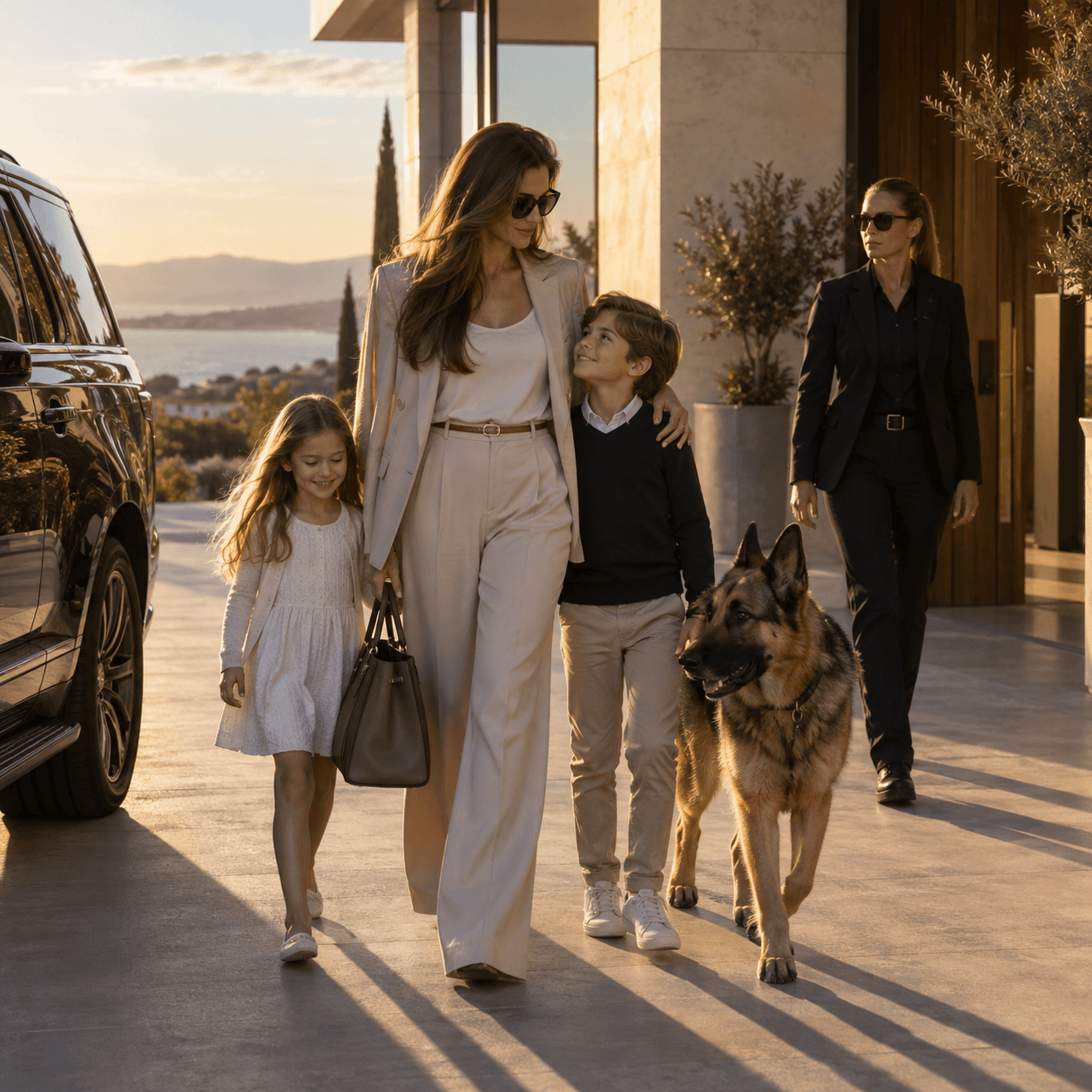 A family walks with a German Shepherd and a discreet escort outside a modern residence.
