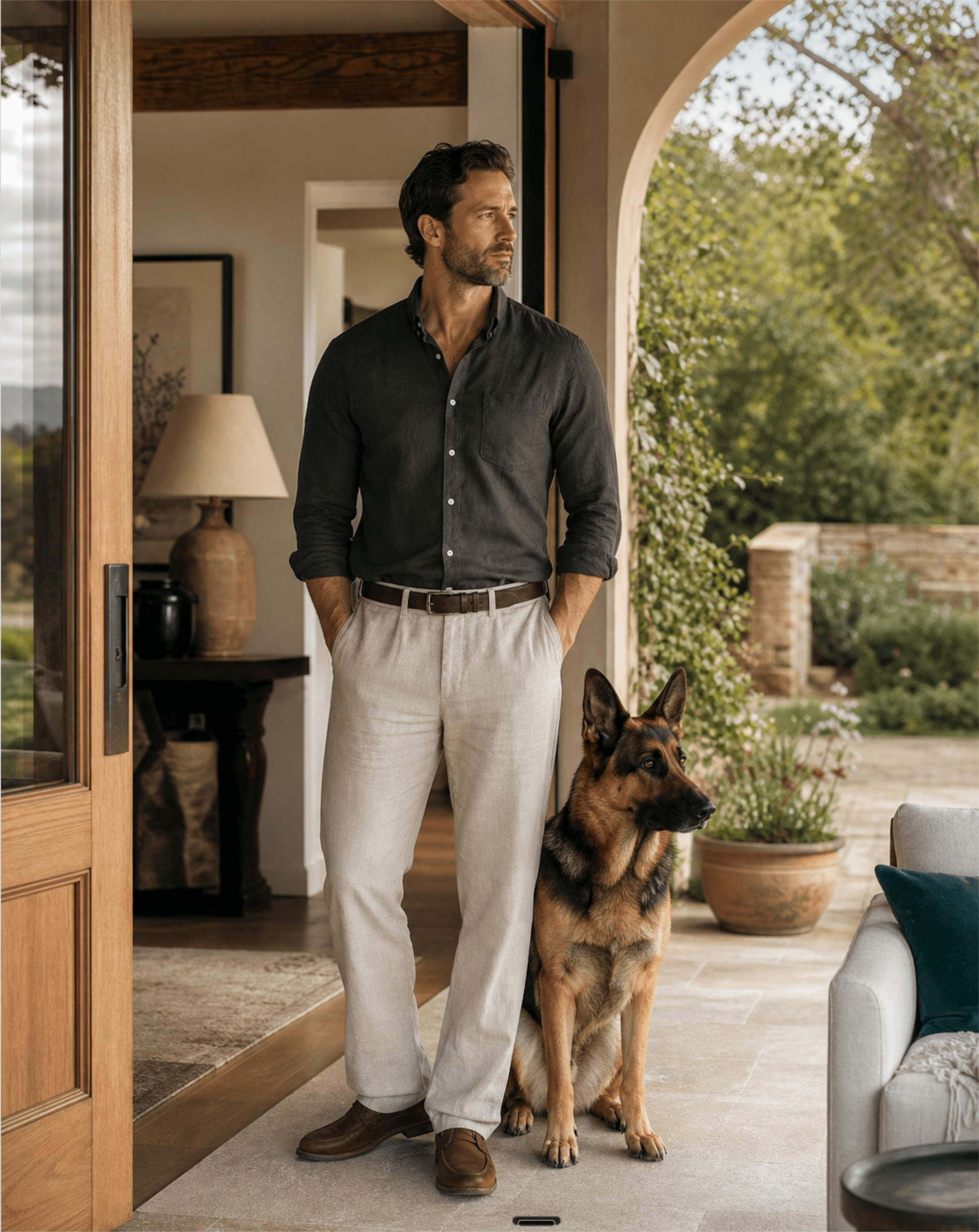 An adult handler stands beside an alert German Shepherd in a sunlit home entryway.