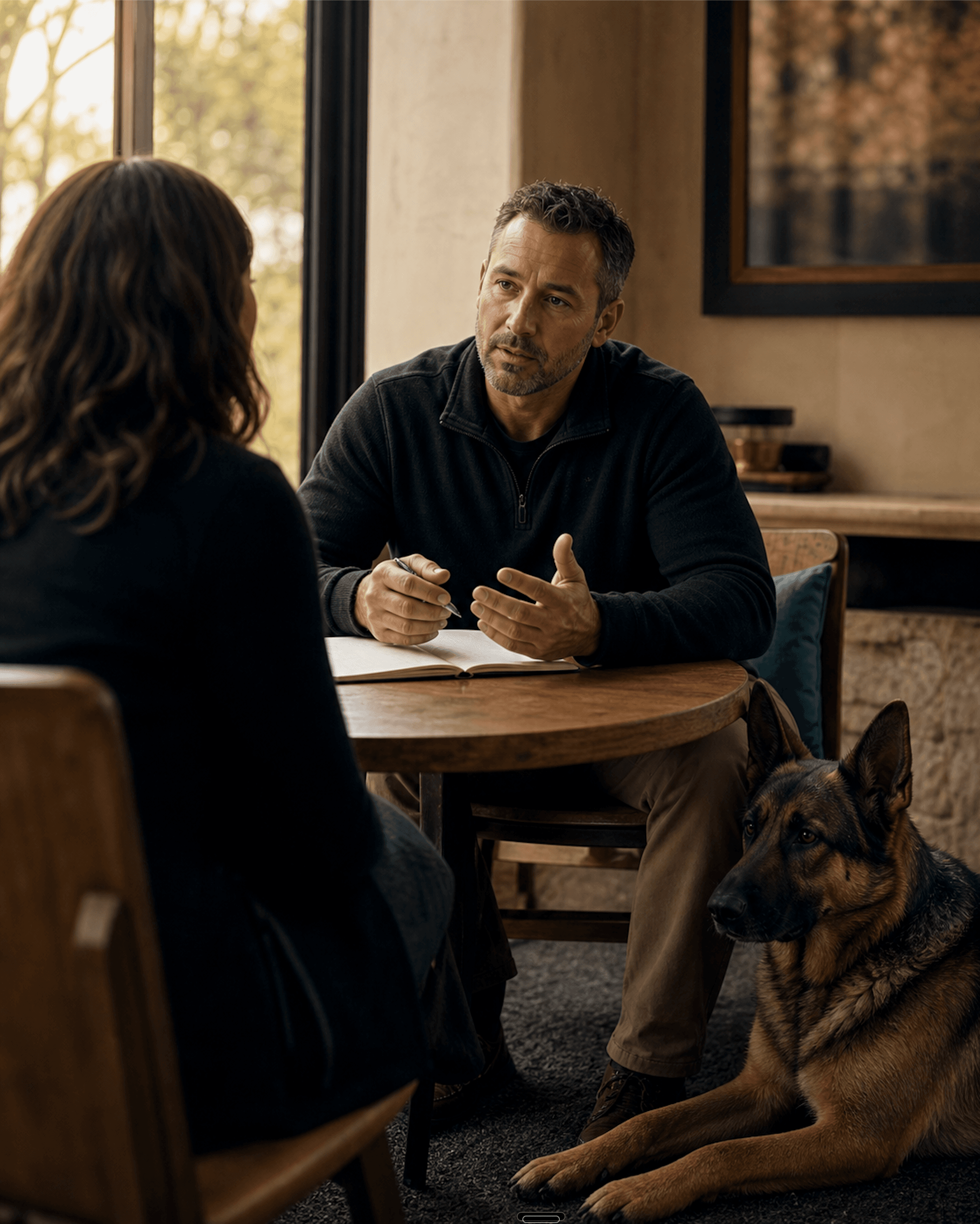 A handler listens during a private conversation while a German Shepherd rests nearby.