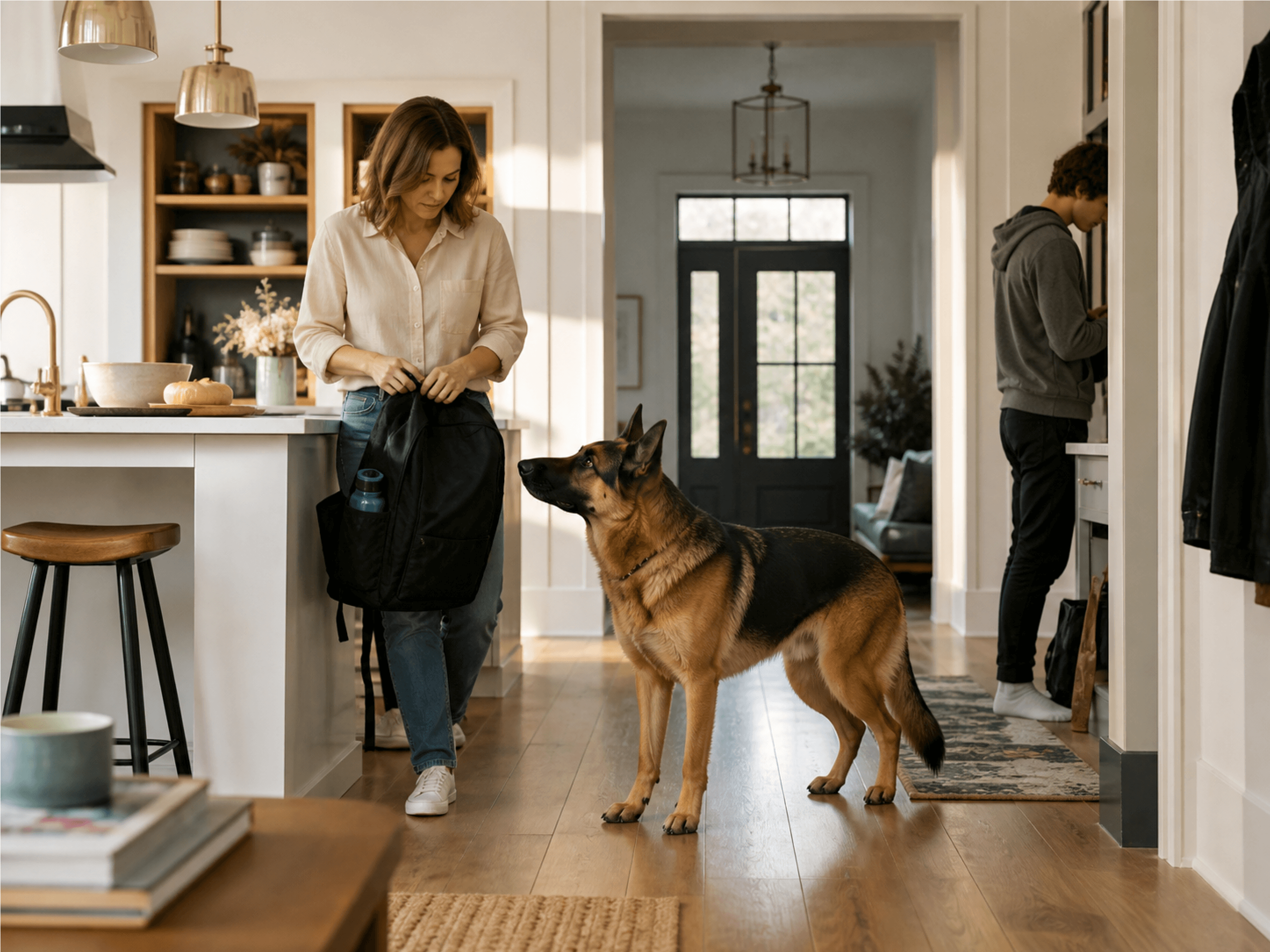 A German Shepherd watches a family member prepare to leave during a morning routine at home.