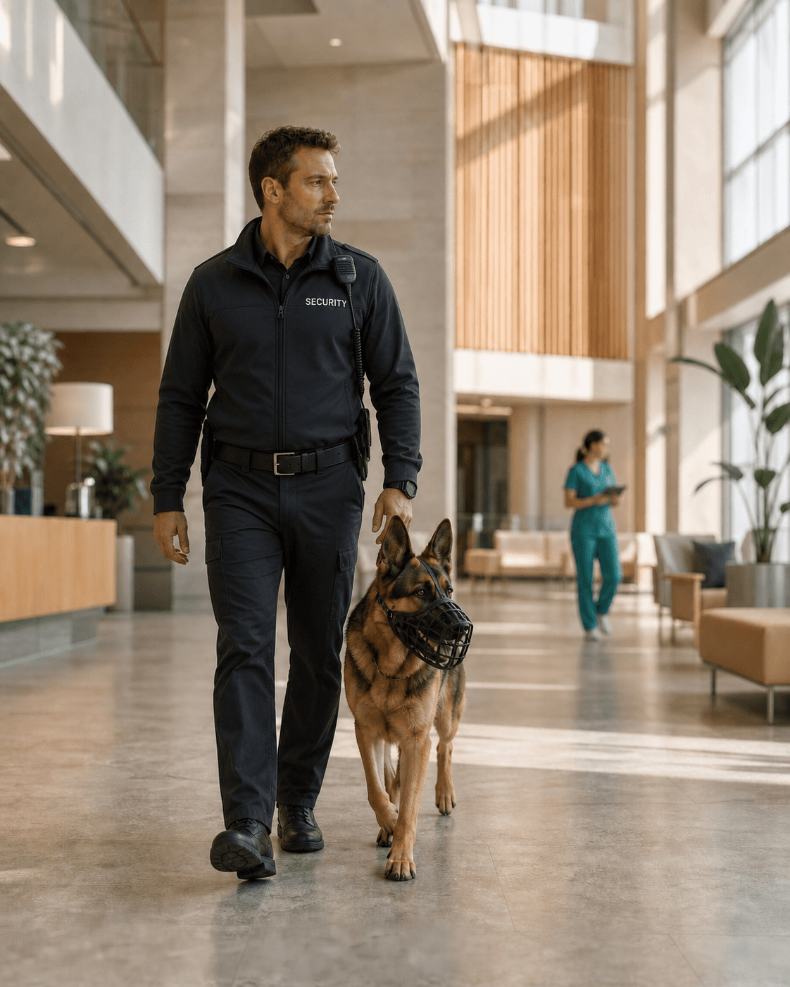 A uniformed security professional walks a basket-muzzled German Shepherd through a modern healthcare atrium.